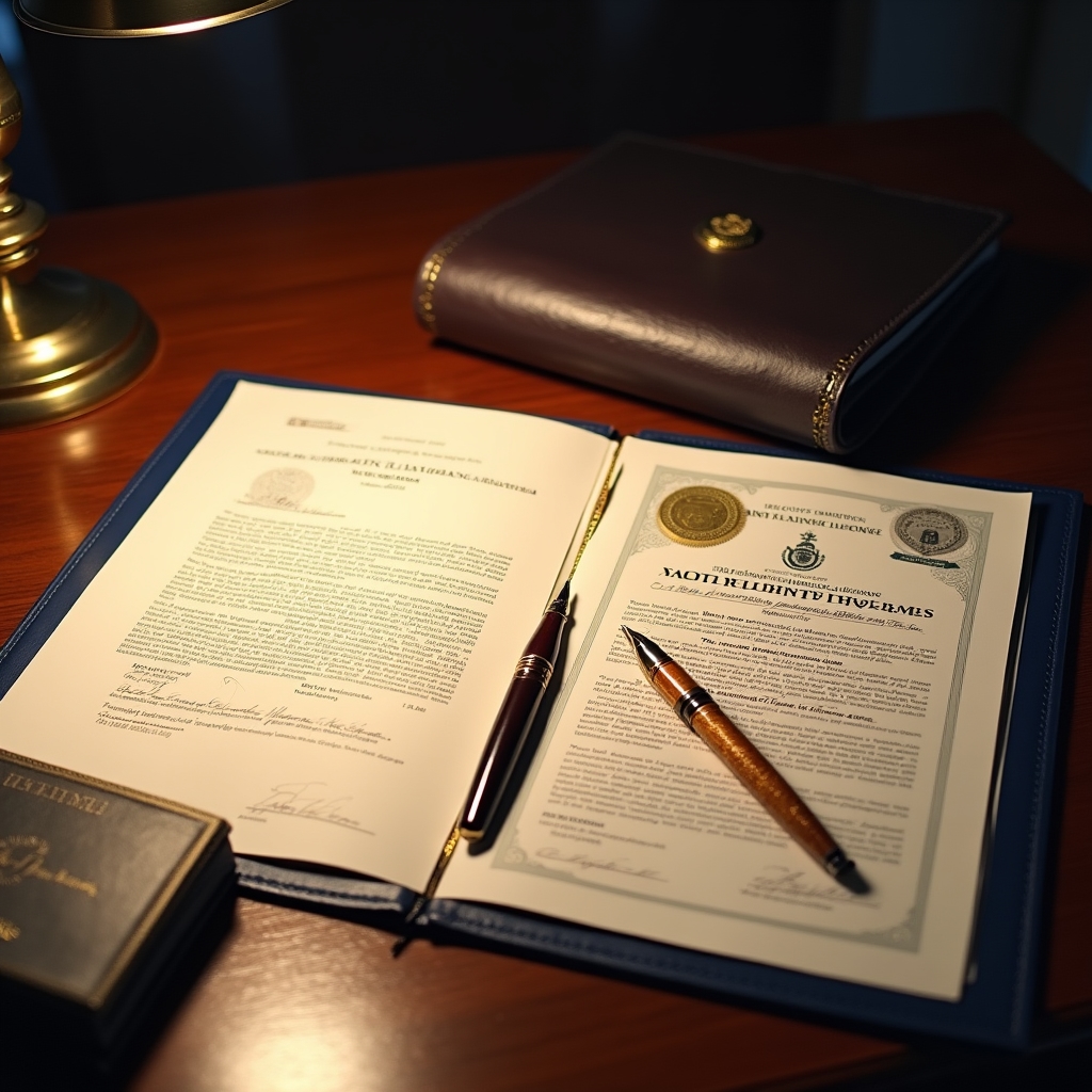 Official regulatory license documents and compliance certificates displayed on desk