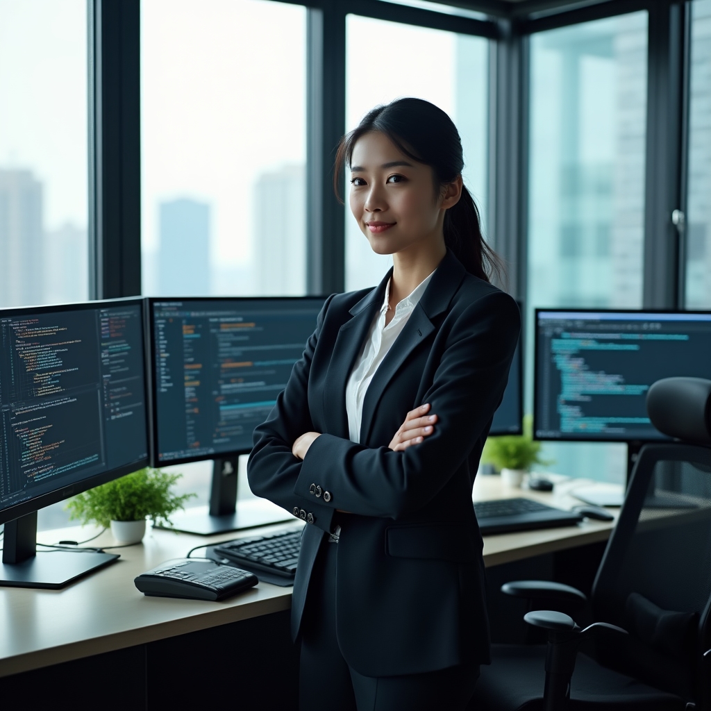 Technology director working at multiple monitor setup in modern office environment